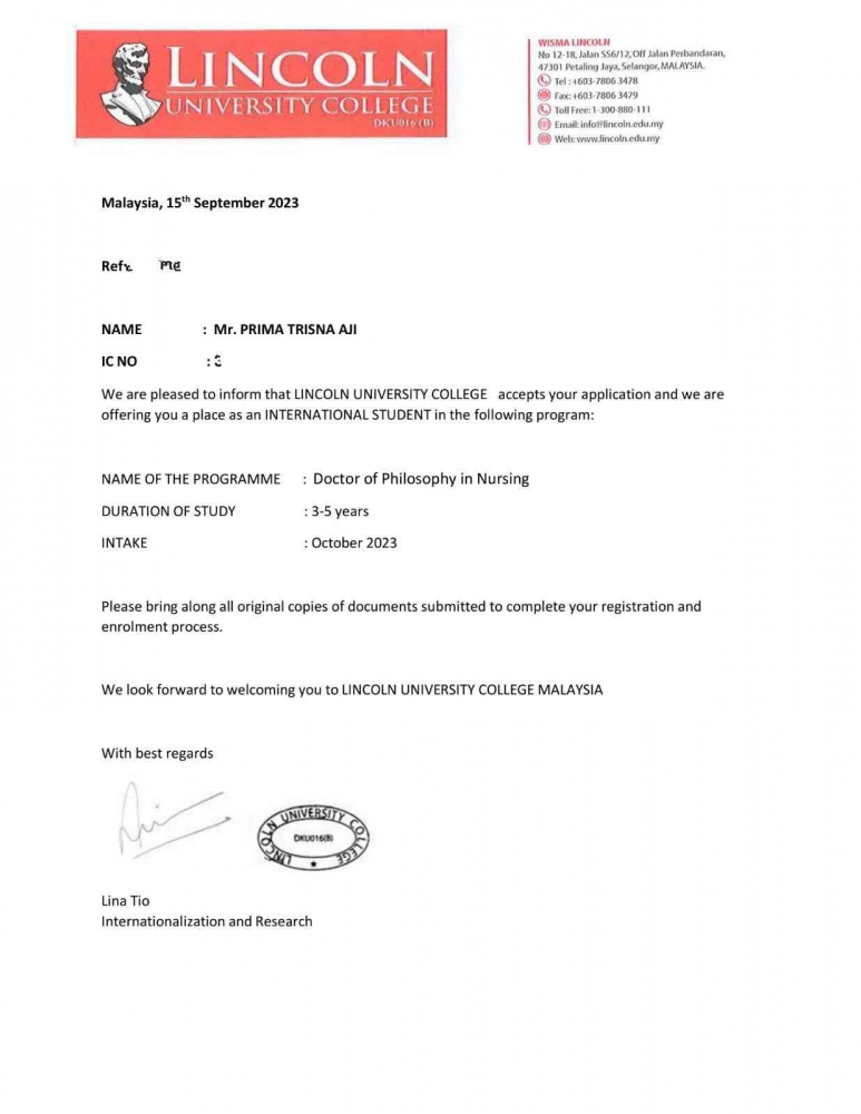 Prima Trisna Aji diterima prodi Doctoral Of Philosophy di Lincoln College University Malaysia